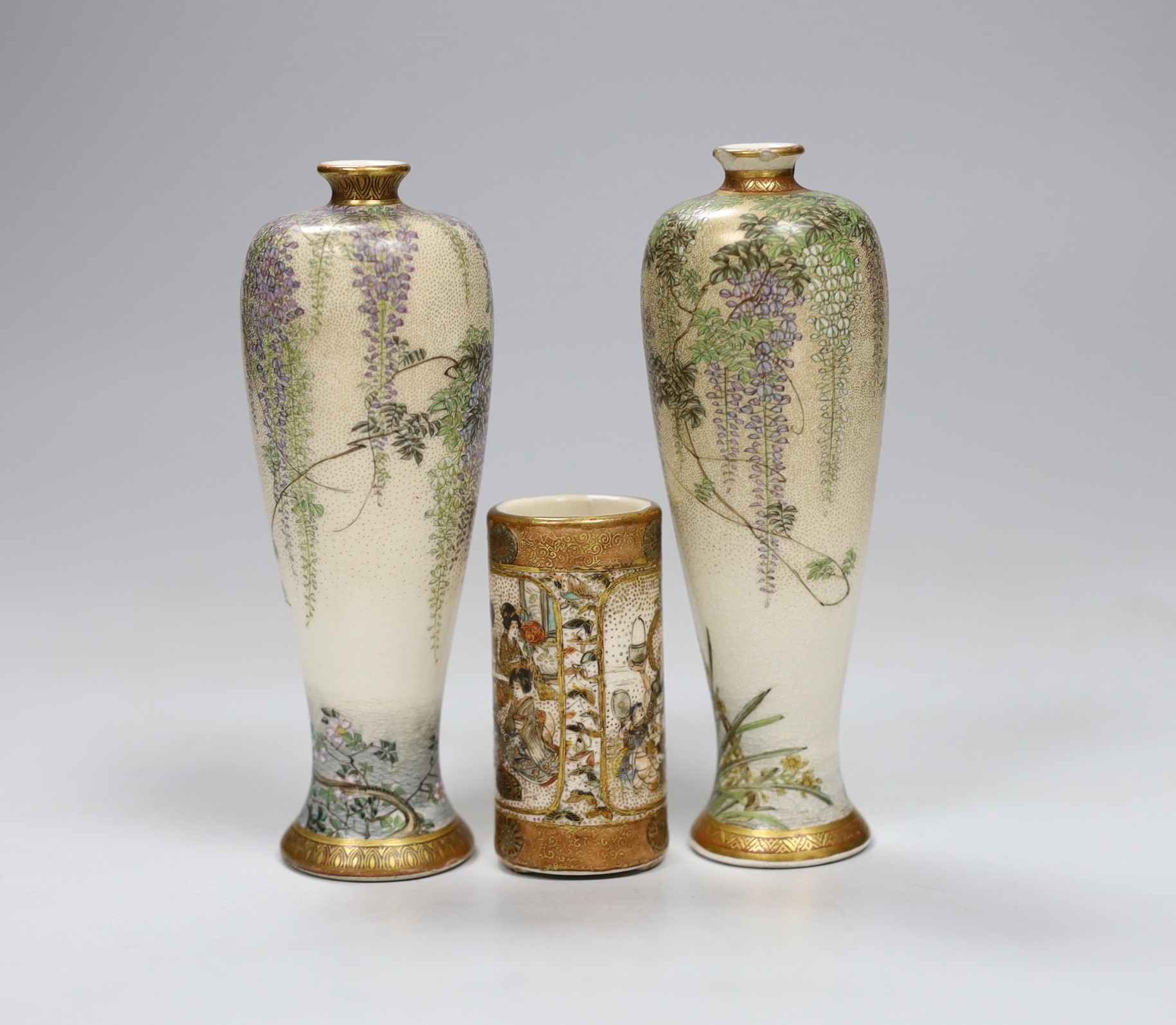 A near pair of Japanese Satsuma small wisteria vases by Kinkozan (a.f.) and a Satsuma miniature vase, tallest 12cm